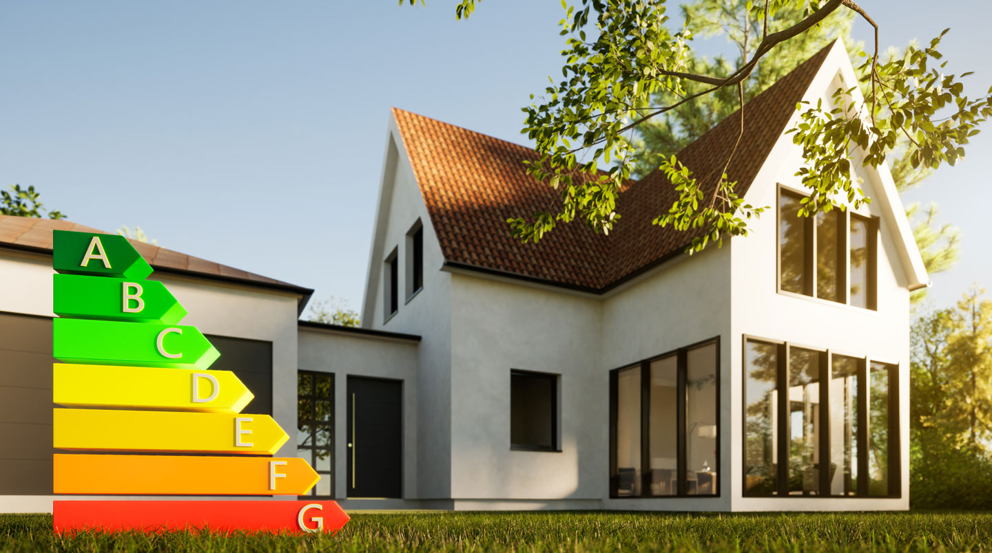 Illustration 3D isométrique d'une maison avec une étiquette DPE A et des pièces d'économie d'énergie.