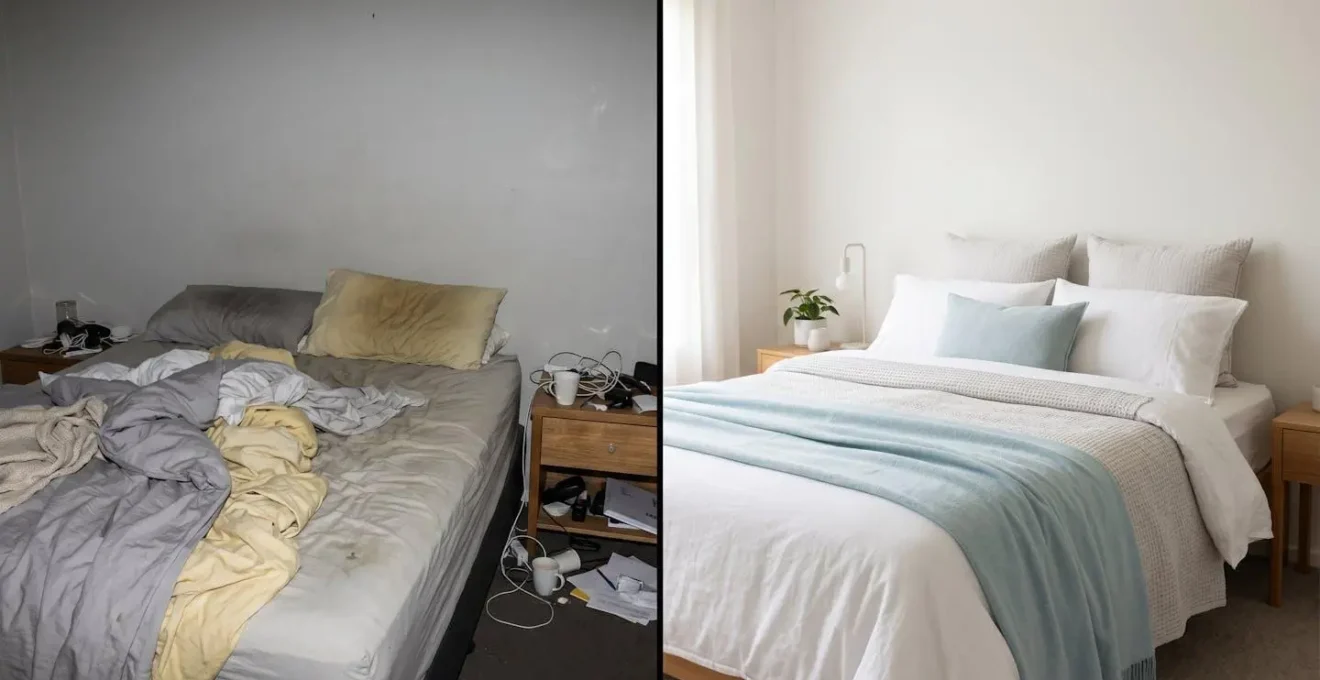 Comparaison d'une même chambre: photo amateur sombre à gauche, photo professionnelle lumineuse à droite.