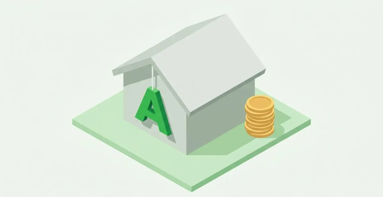 Illustration 3D isométrique d'une maison avec une étiquette DPE A et des pièces d'économie d'énergie.