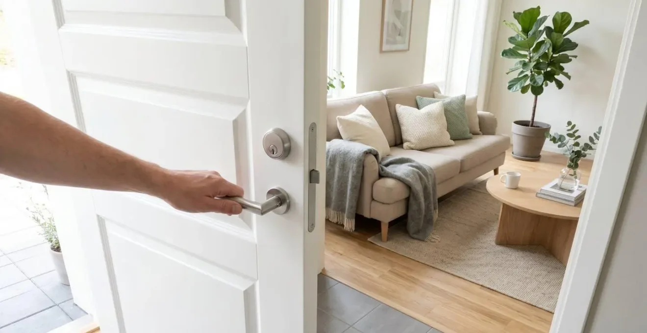 Main ouvrant une porte d'entrée laissant voir un salon lumineux et accueillant après home-staging.