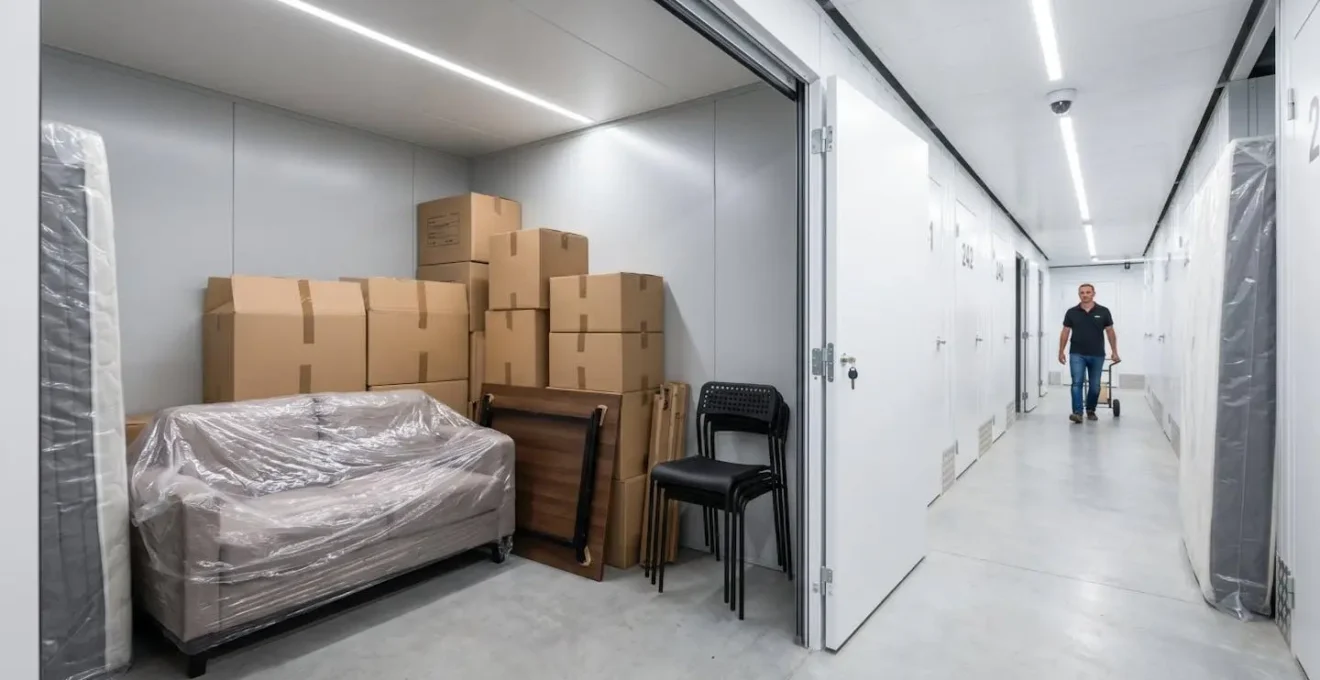 Intérieur d'un box de stockage sécurisé dans un centre garde-meuble moderne avec meubles emballés et protégés (canapé, cartons, table démontée), un propriétaire rangeant ses équipements entre deux locations meublées