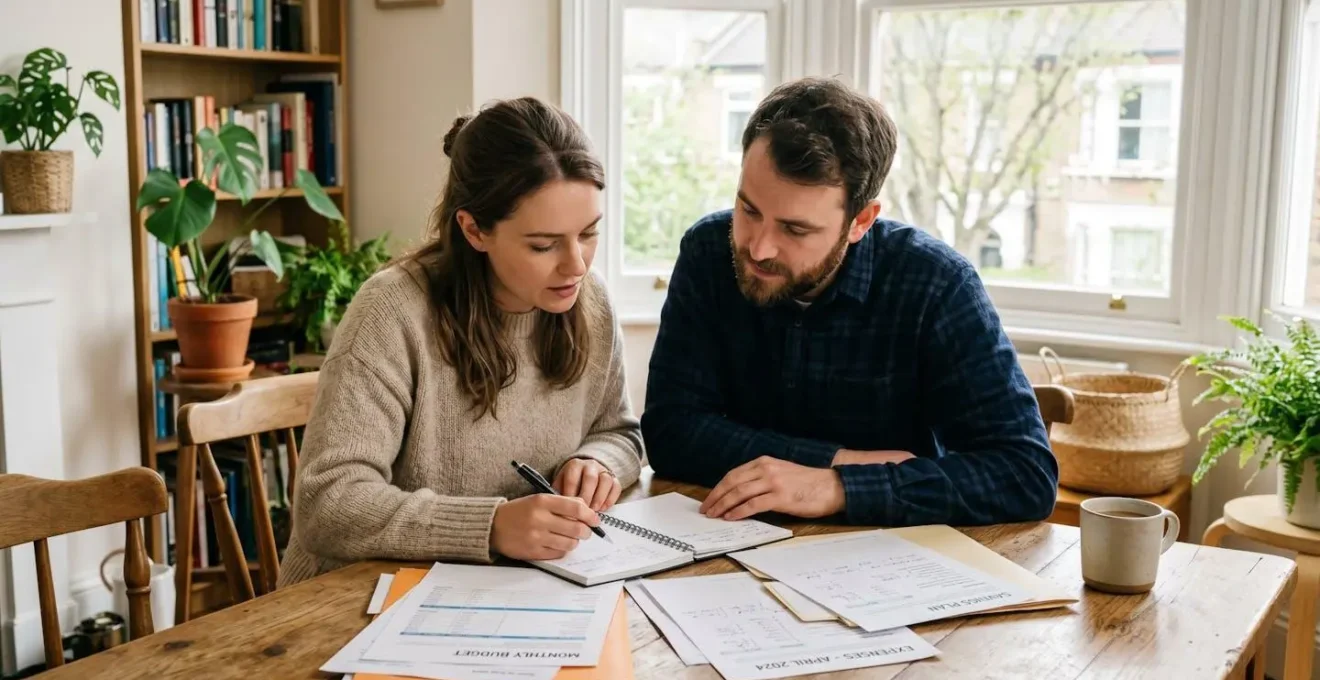 Un couple assis à une table, consultant ensemble des documents d'épargne avec une vue sur leur futur appartement en arrière-plan