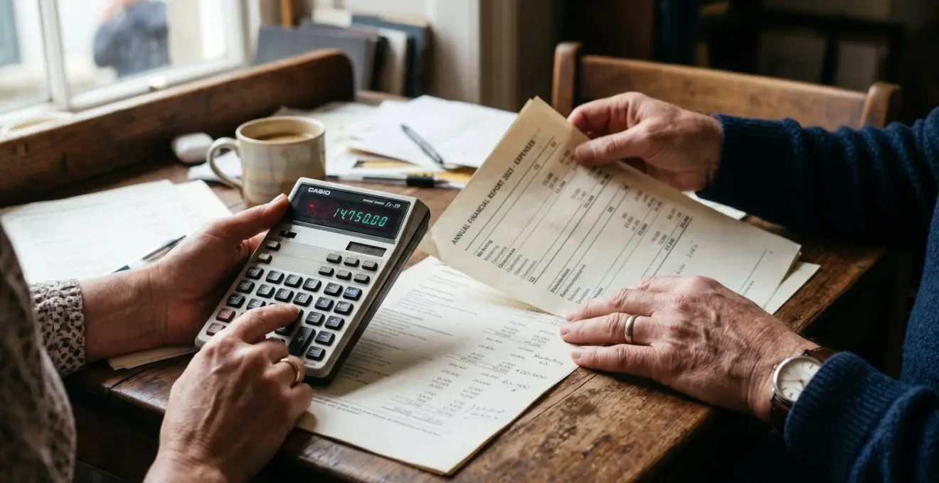 Gros plan sur les mains d'un couple manipulant une calculatrice et des relevés d'épargne, ambiance de planification budgétaire domestique