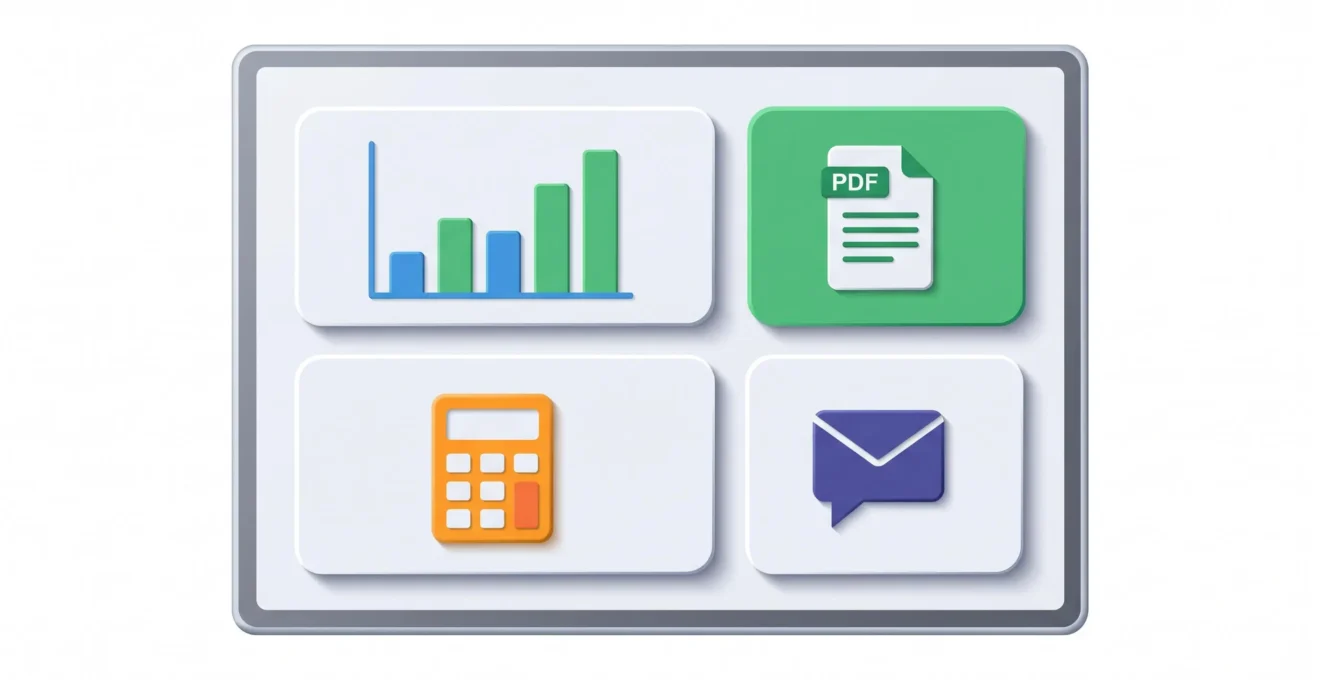 Écran de tableau de bord stylisé affichant plusieurs modules fonctionnels : graphique d'évolution, document PDF, calculatrice et icône de message, représentant les fonctionnalités de l'espace client.