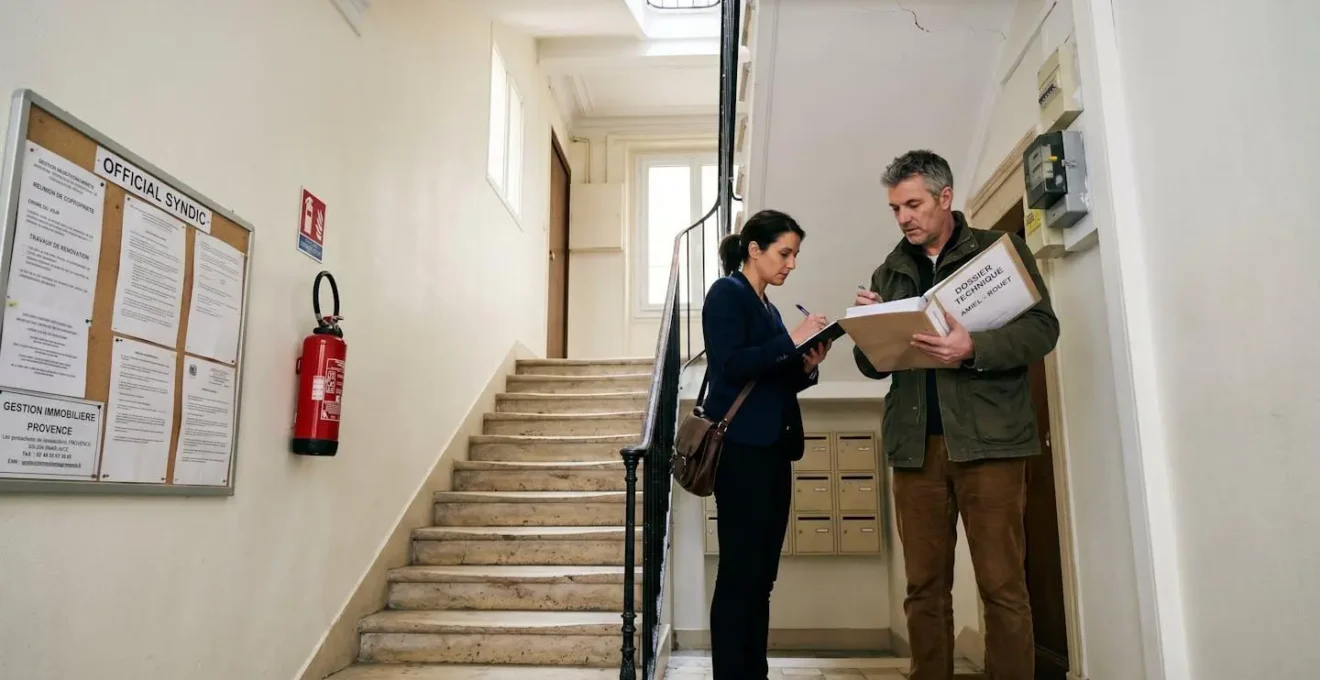 Cage d'escalier d'un immeuble haussmannien rénové à Marseille avec un homme et une femme inspectant les parties communes, l'un pointant des détails techniques tandis que l'autre consulte un rapport de diagnostics