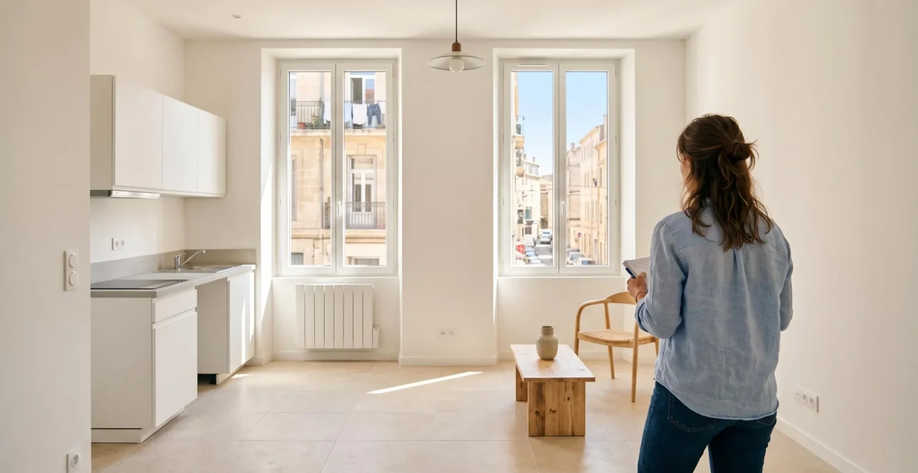 Intérieur lumineux d'un appartement T2 de 45 m² dans un immeuble rénové du quartier Rouet à Marseille, avec deux fenêtres donnant sur rue, sol clair, murs blancs et cuisine américaine, lors d'une visite d'une potentielle investisseuse