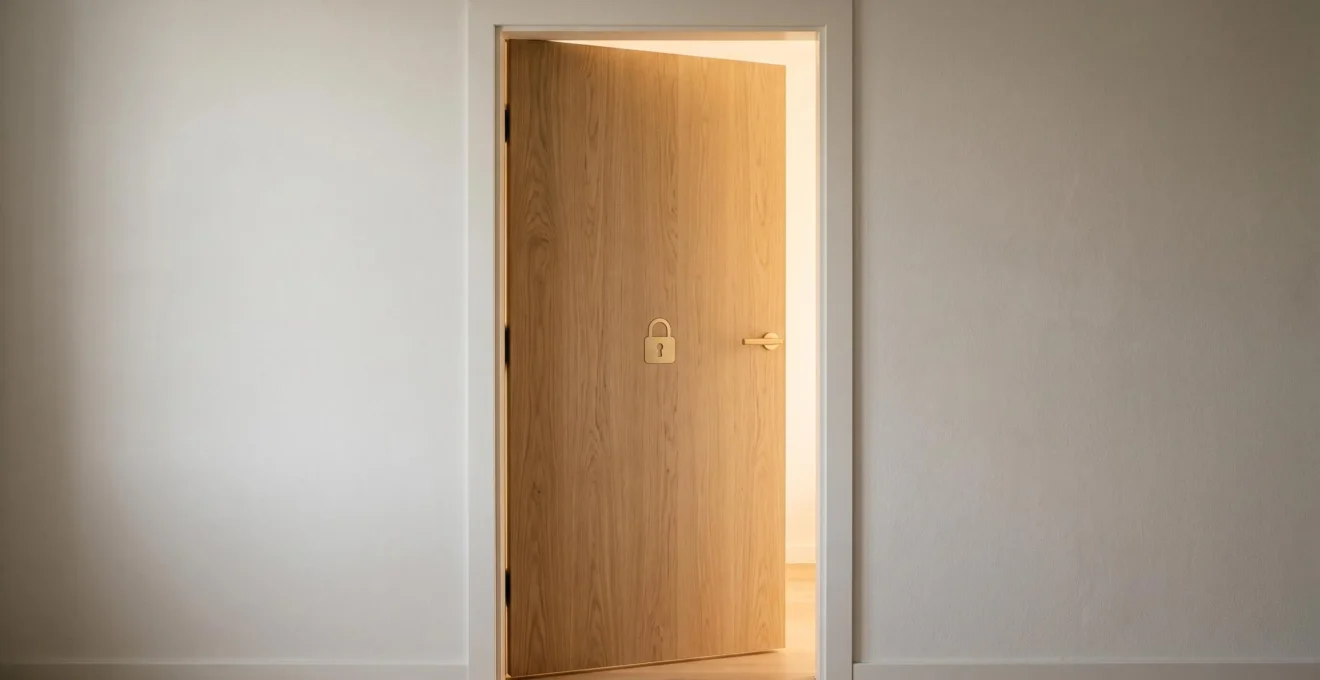 Porte en bois clair légèrement entrouverte avec un symbole de cadenas gravé, laissant passer une lumière douce, symbolisant l'accès sécurisé à un espace numérique.