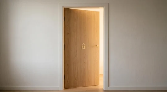 Porte en bois clair légèrement entrouverte avec un symbole de cadenas gravé, laissant passer une lumière douce, symbolisant l'accès sécurisé à un espace numérique.