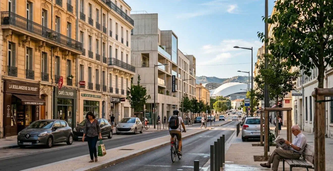 Vue de la rue du Rouet dans le 8ème arrondissement de Marseille montrant des immeubles haussmanniens rénovés côtoyant des constructions contemporaines, avec commerces de proximité en rez-de-chaussée et piétons circulant sur trottoirs élargis