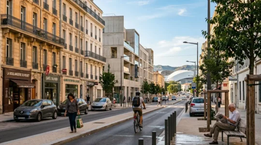 Vue de la rue du Rouet dans le 8ème arrondissement de Marseille montrant des immeubles haussmanniens rénovés côtoyant des constructions contemporaines, avec commerces de proximité en rez-de-chaussée et piétons circulant sur trottoirs élargis