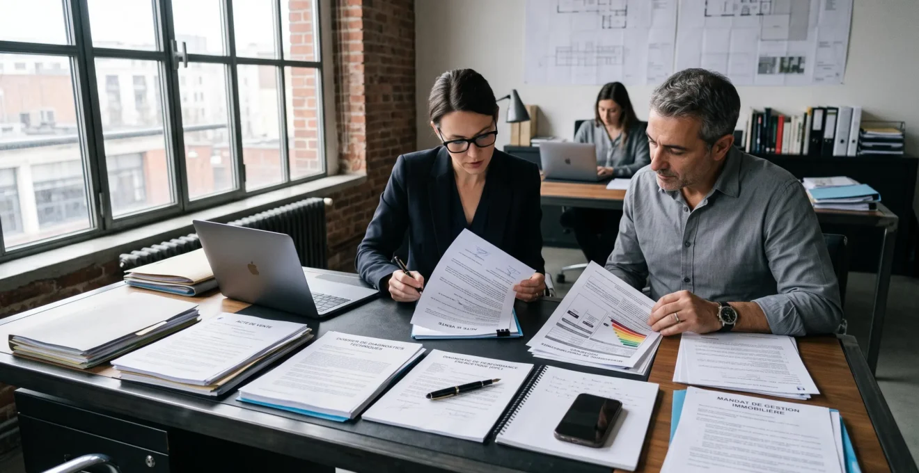 Bureau d'agence immobilière avec documents de transaction immobilière étalés sur un bureau contemporain, incluant diagnostics techniques et actes de propriété