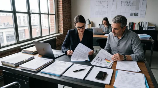 Bureau d'agence immobilière avec documents de transaction immobilière étalés sur un bureau contemporain, incluant diagnostics techniques et actes de propriété