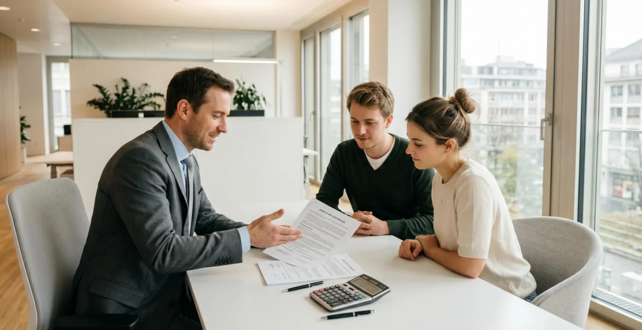 Conseiller bancaire expliquant les détails financiers d'un dossier de crédit immobilier à un couple dans un bureau moderne