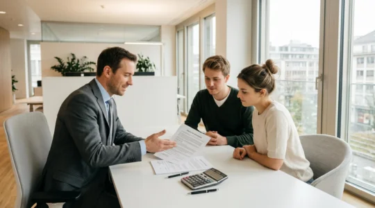 Conseiller bancaire expliquant les détails financiers d'un dossier de crédit immobilier à un couple dans un bureau moderne