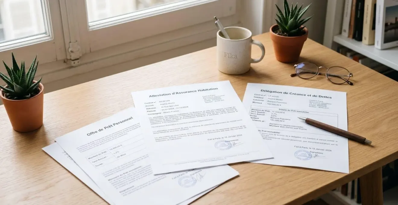 Documents d'assurance emprunteur et contrats de délégation disposés sur un bureau
