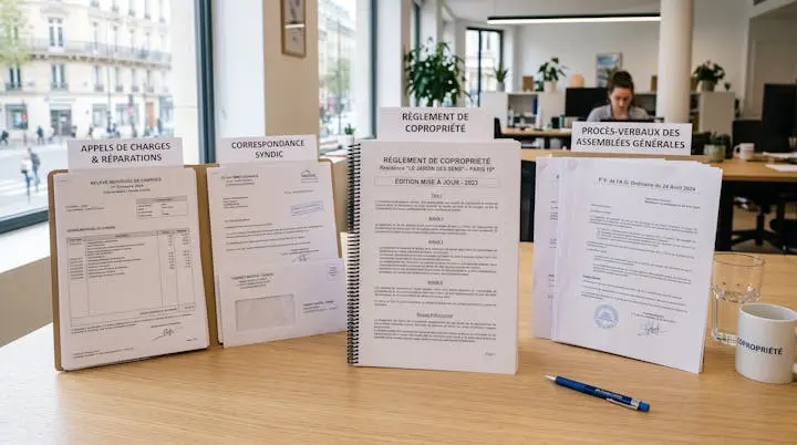 Documents de copropriété organisés incluant règlement, procès-verbaux d'assemblées générales et relevés de charges