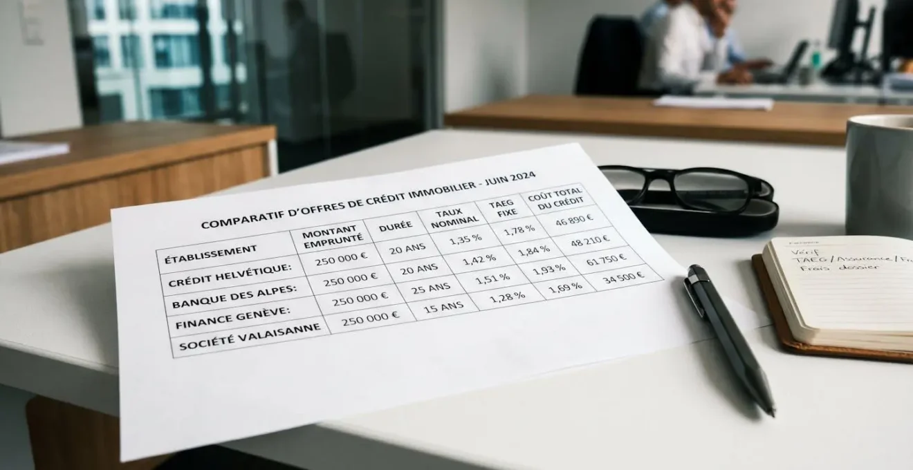 Mains pointant des détails financiers sur un tableau comparatif d'offres de crédit