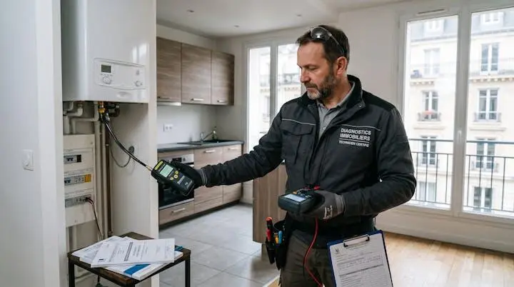 Technicien certifié effectuant un diagnostic technique dans un appartement avec équipement professionnel