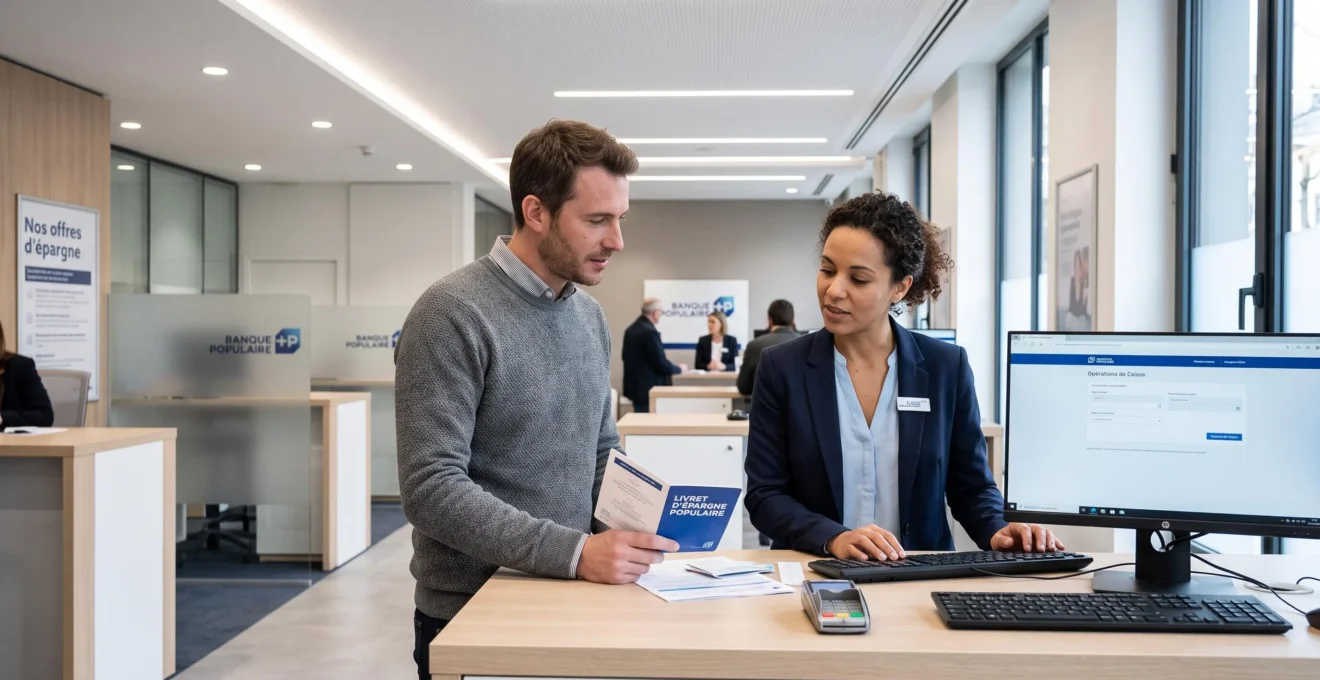 Client effectuant une opération de retrait sur son livret d'épargne auprès d'un conseiller en agence bancaire française.