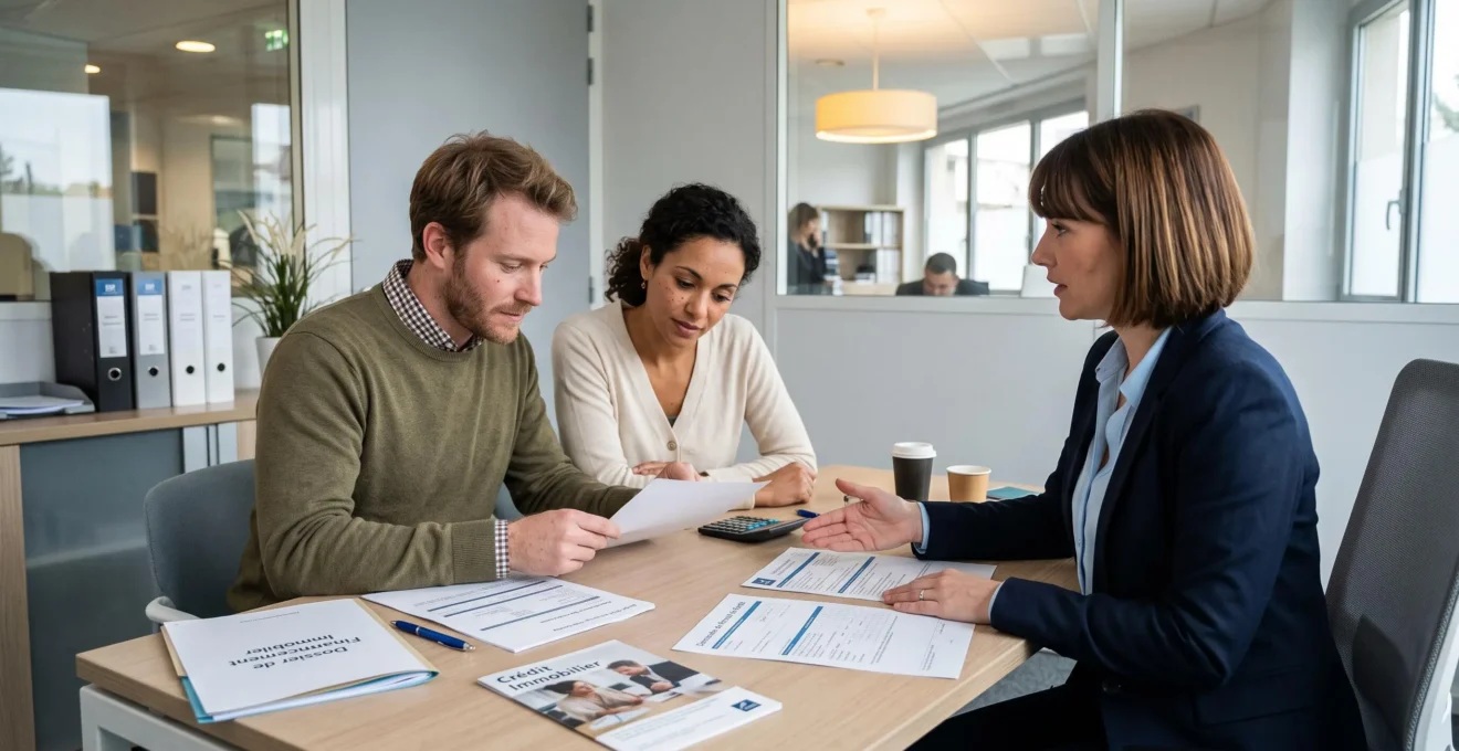 Couple consultant un conseiller bancaire au sujet d'un retrait d'épargne pour un projet immobilier dans une agence française.