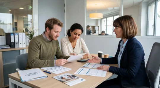 Couple consultant un conseiller bancaire au sujet d'un retrait d'épargne pour un projet immobilier dans une agence française.