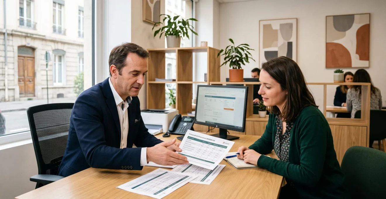 Courtier en financement immobilier présentant différentes options de financement à un client lors d'une consultation.