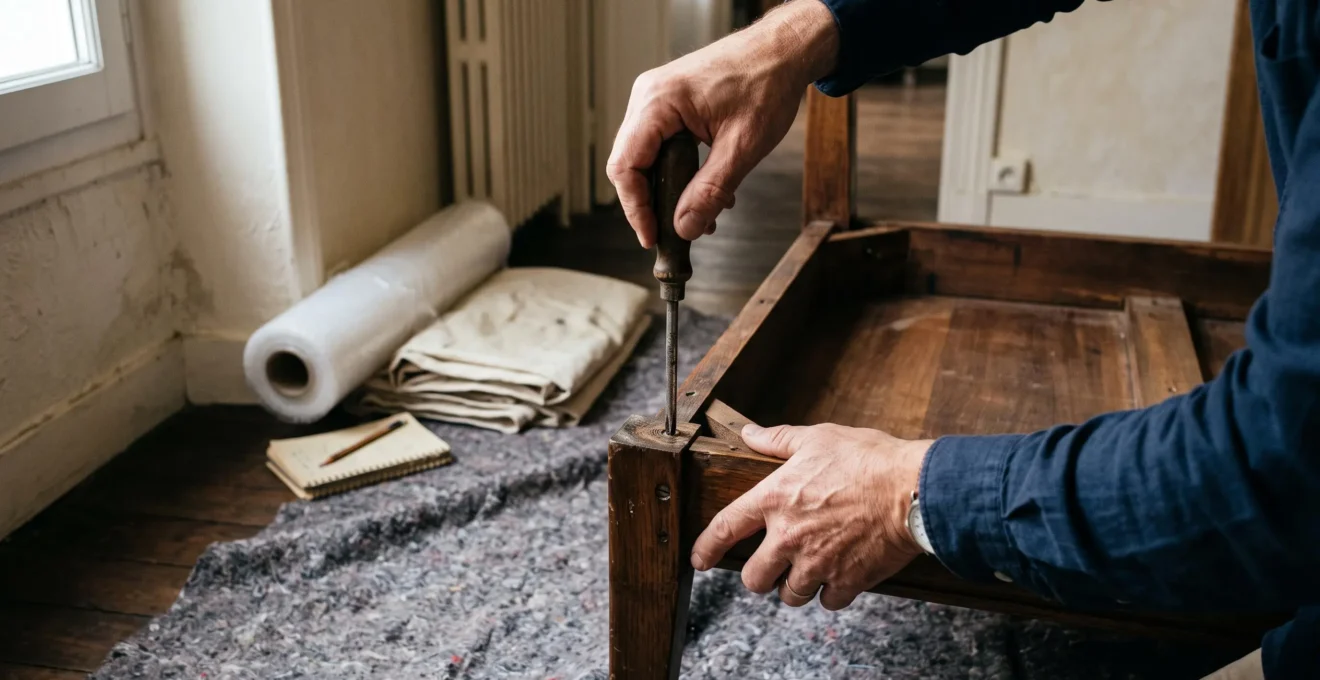 Un homme démonte un pied de table avec un tournevis avant de stocker ses meubles.