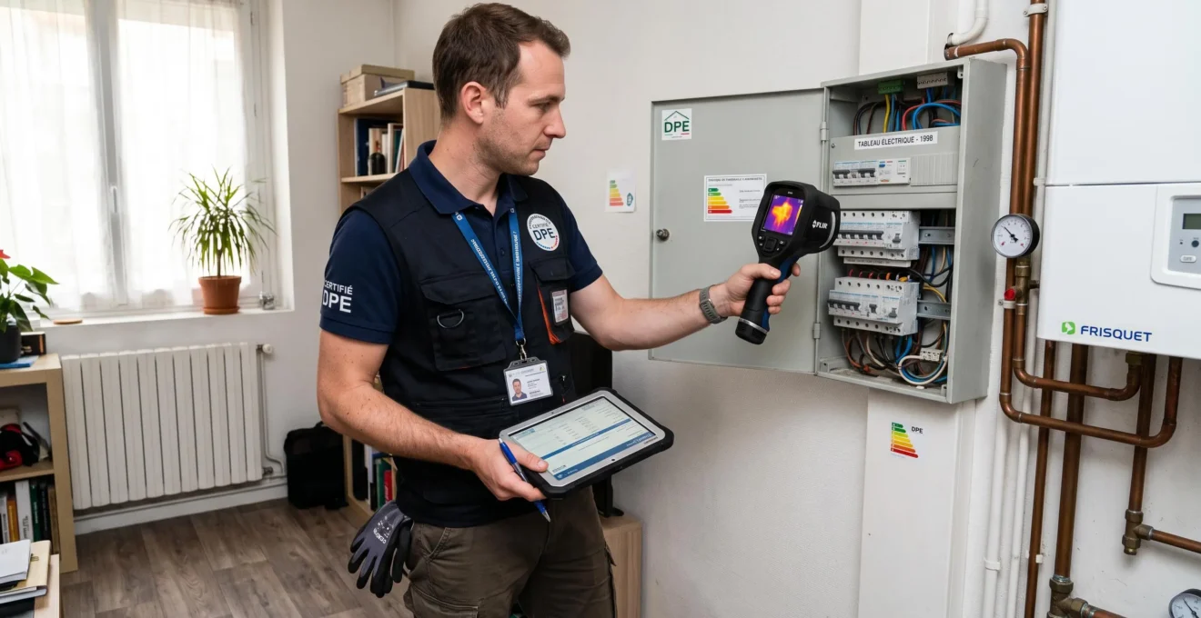 Diagnostiqueur immobilier réalisant un diagnostic technique obligatoire dans un logement français.