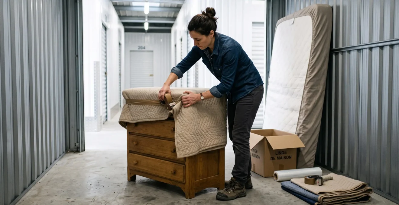 Une femme protège une commode en bois avec une couverture dans un box de stockage.