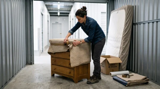 Une femme protège une commode en bois avec une couverture dans un box de stockage.