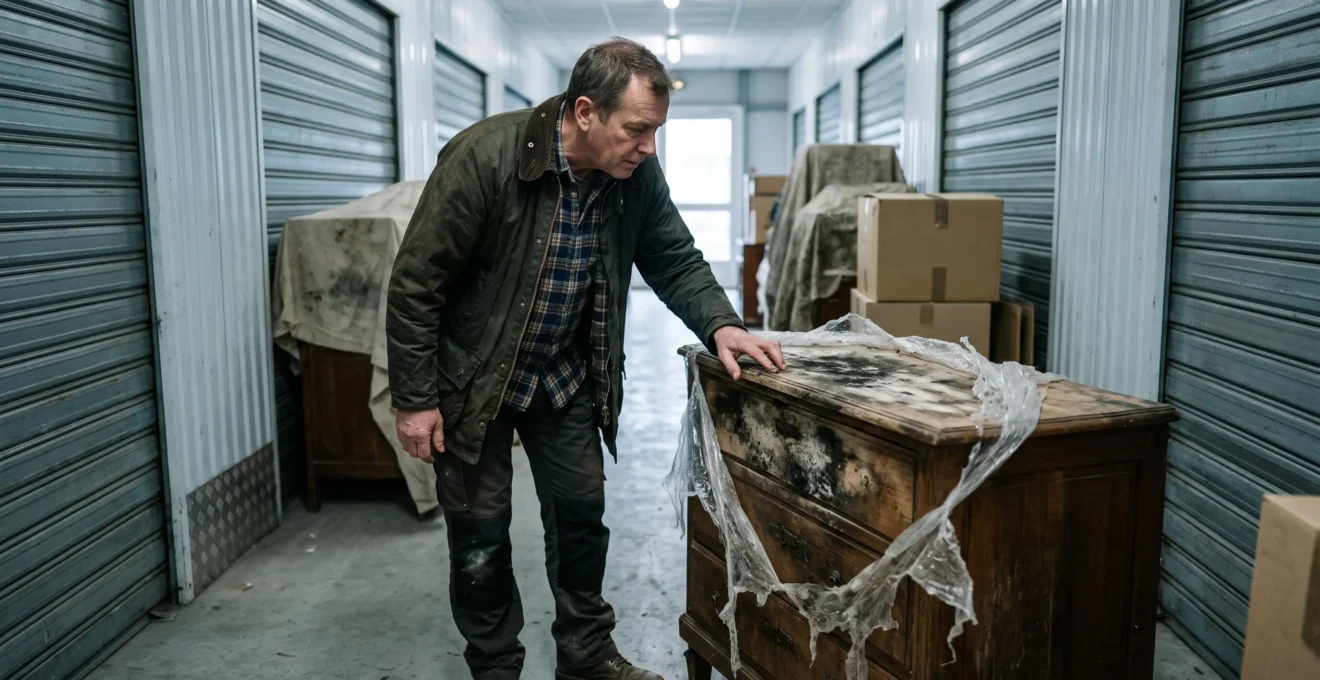 Un homme examine des taches de moisissure sur un meuble en bois sorti d'un box de stockage.