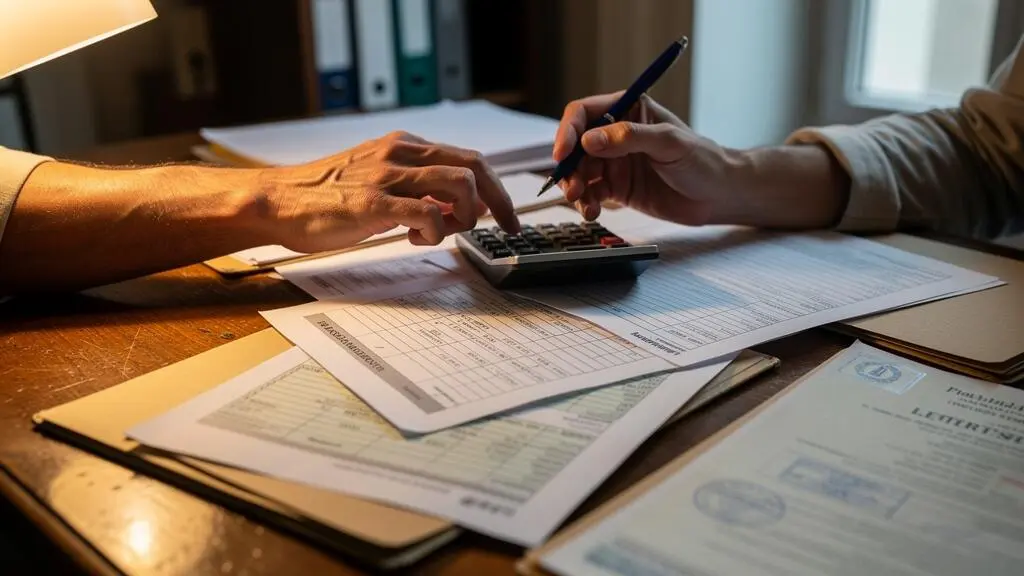 Des mains calculent des frais de notaire sur un bureau en papier.