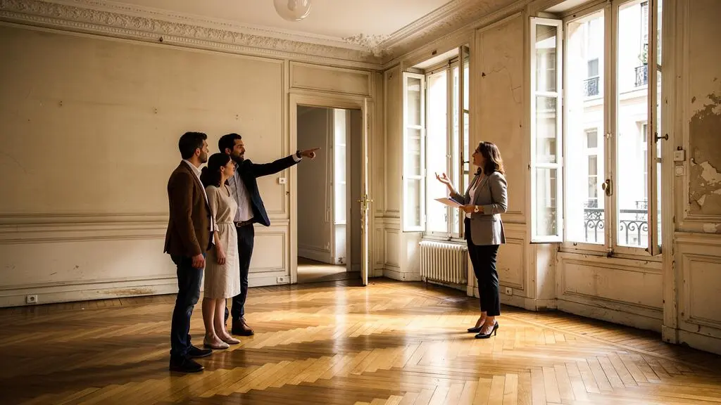 Un couple visite un appartement vide avec un agent immobilier à Paris.