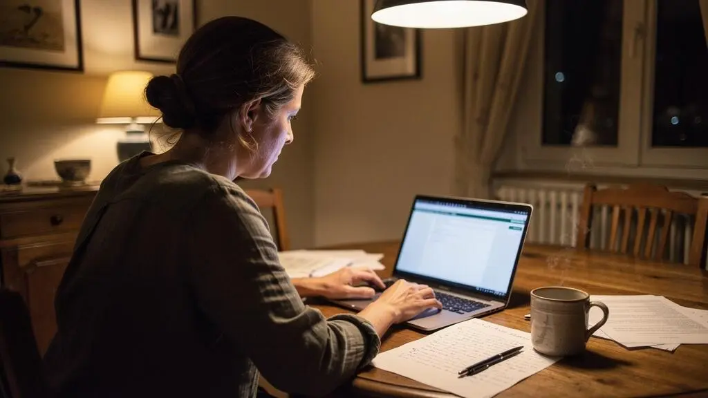 Une femme compare des simulations de prêt chez elle le soir.