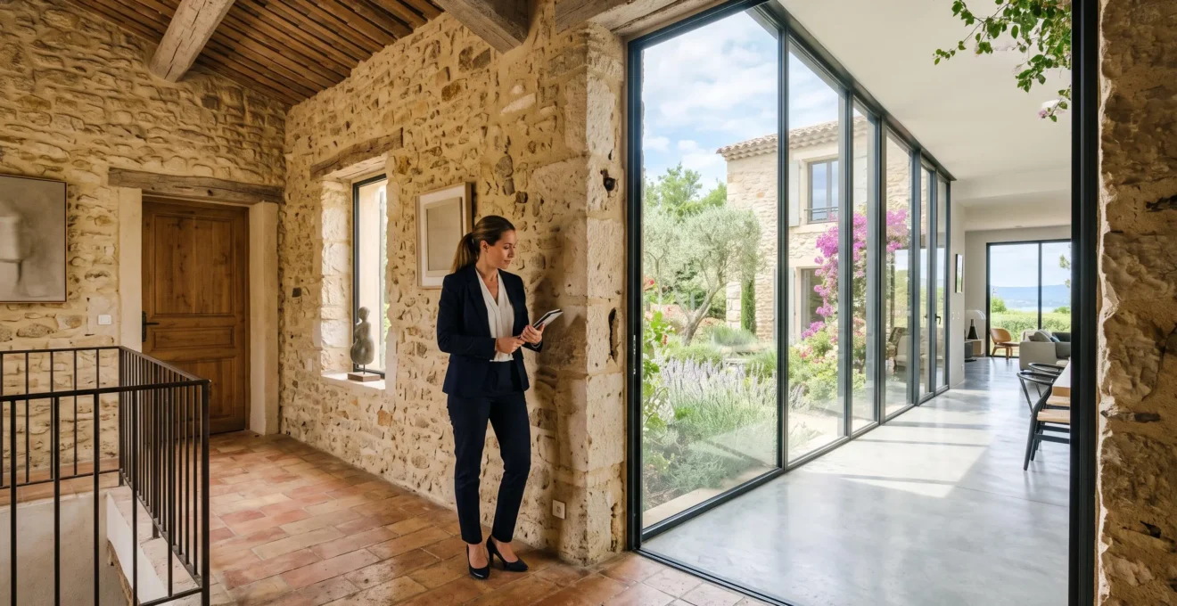 Consultant observant la jonction architecturale entre une ancienne maison et une villa moderne en Provence.
